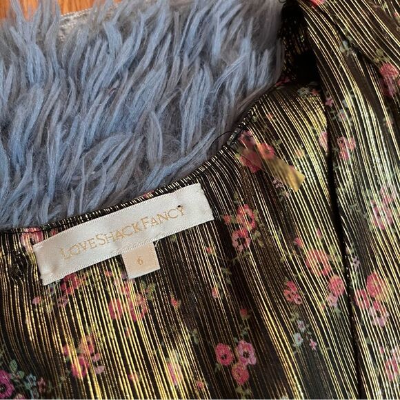 LoveShackFancy Ruthie Dress Gold Metallic Midnight Vine Floral Mini Size 6 - Picture 3 of 6
